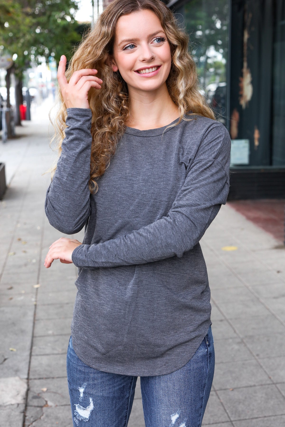 Grey Fitted Long Sleeve Terry Top