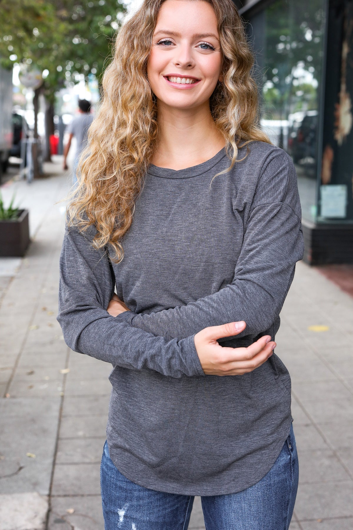 Grey Fitted Long Sleeve Terry Top