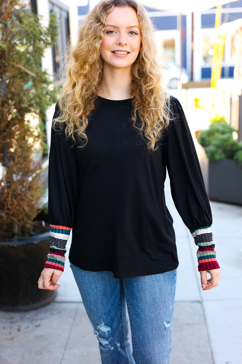 Black Multicolor Stripe Puff Sleeve Knit Top