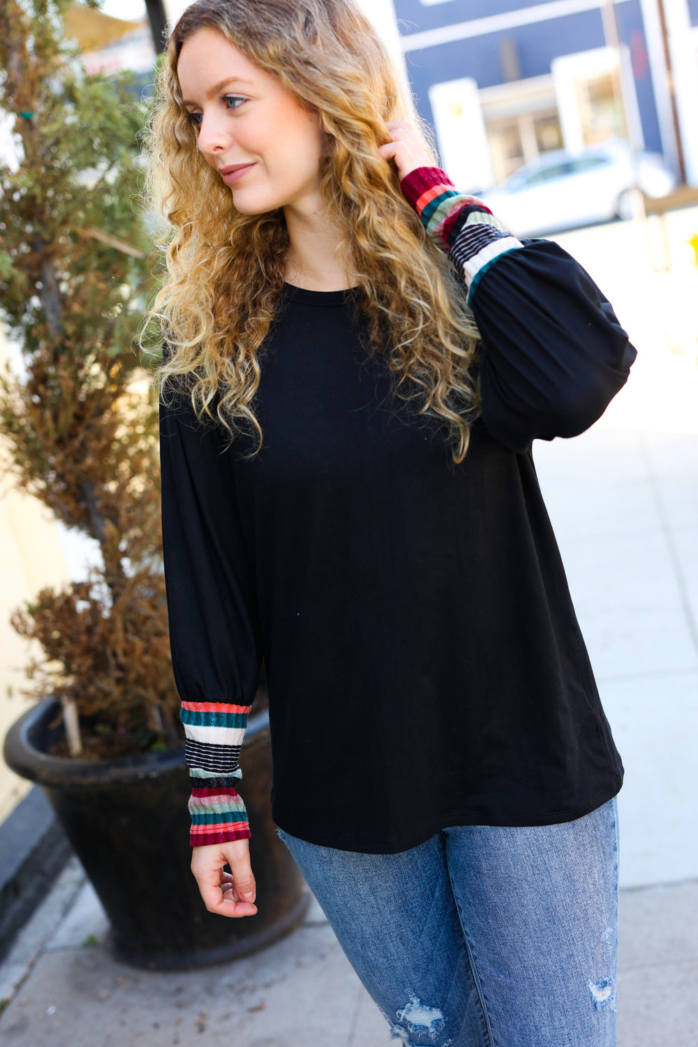 Black Multicolor Stripe Puff Sleeve Knit Top