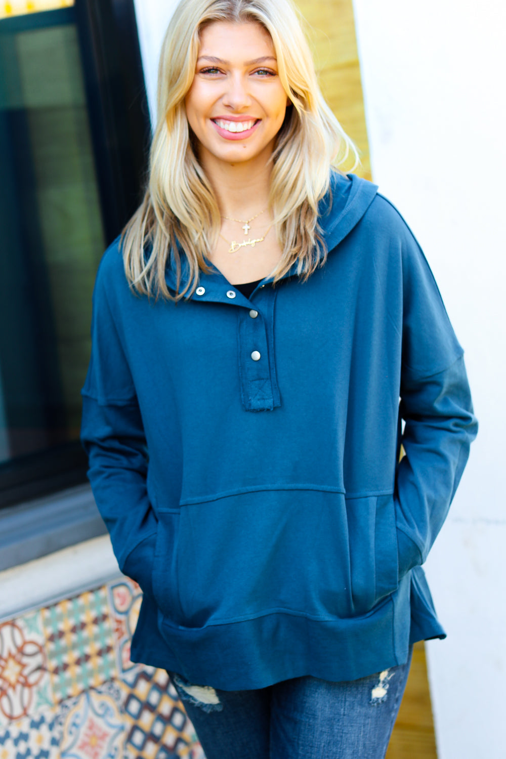 Cozy Up Teal French Terry Snap Button Hoodie Top