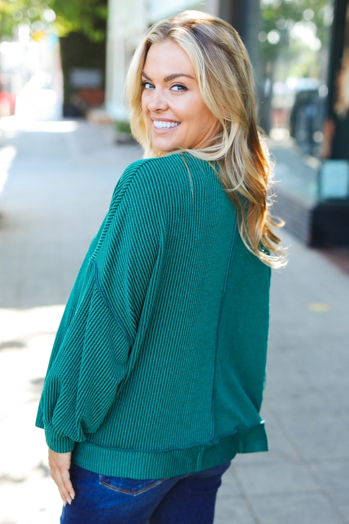 Hunter Green Mineral Wash Rib Pullover Top