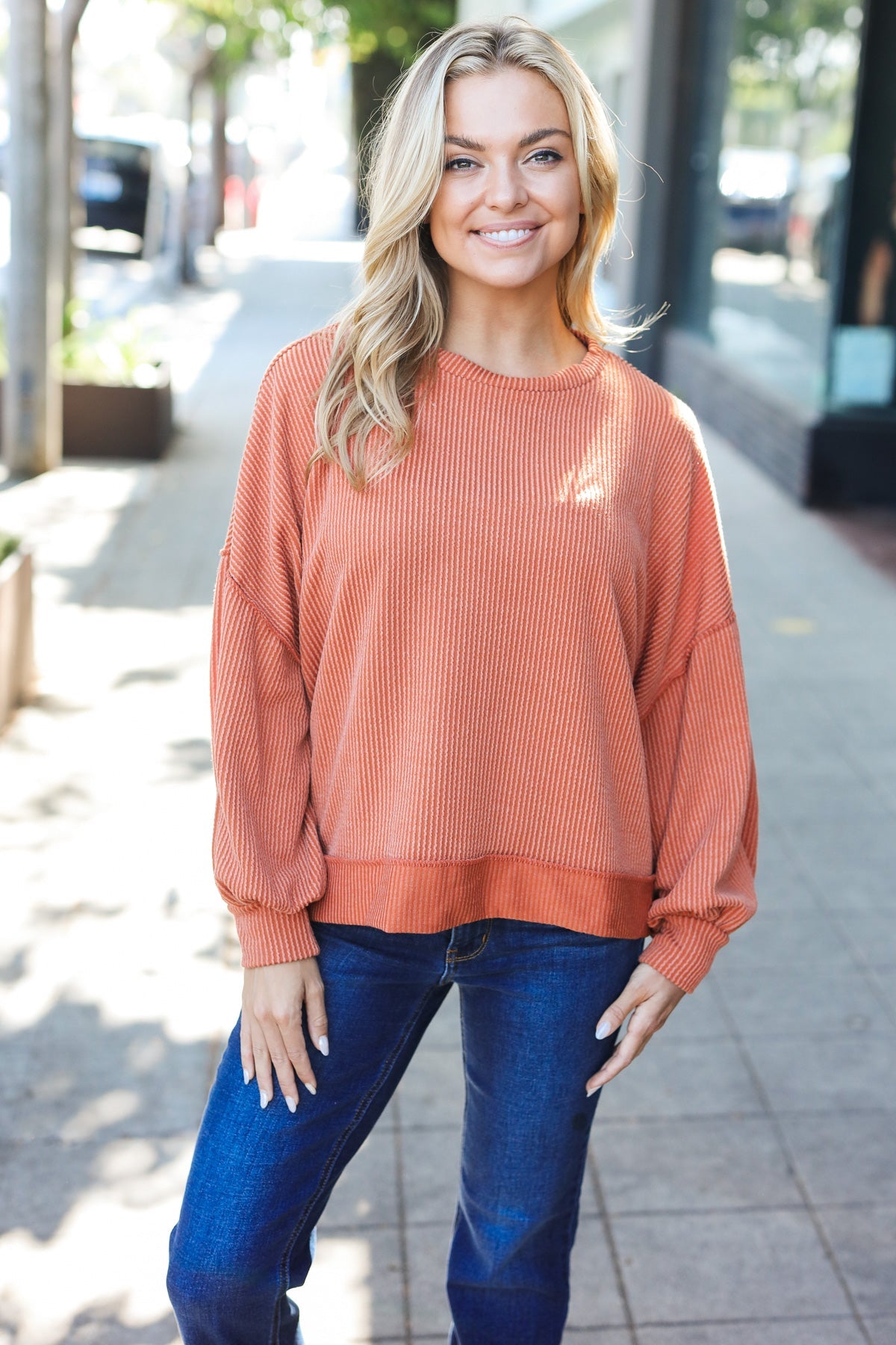 Rust Mineral Wash Rib Pullover Top