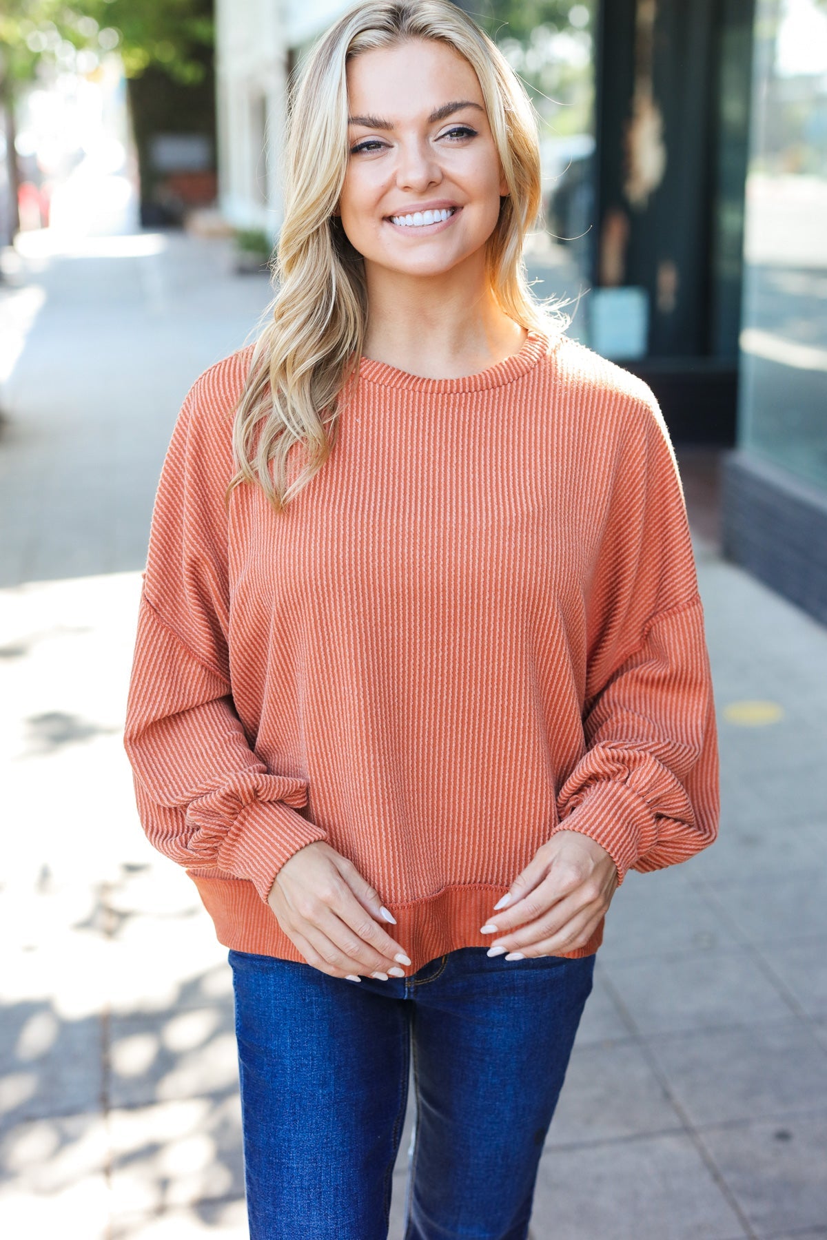 Rust Mineral Wash Rib Pullover Top