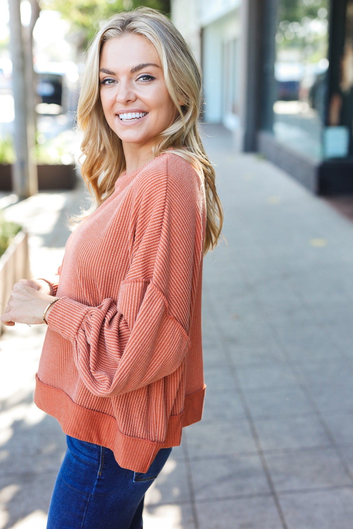 Rust Mineral Wash Rib Pullover Top