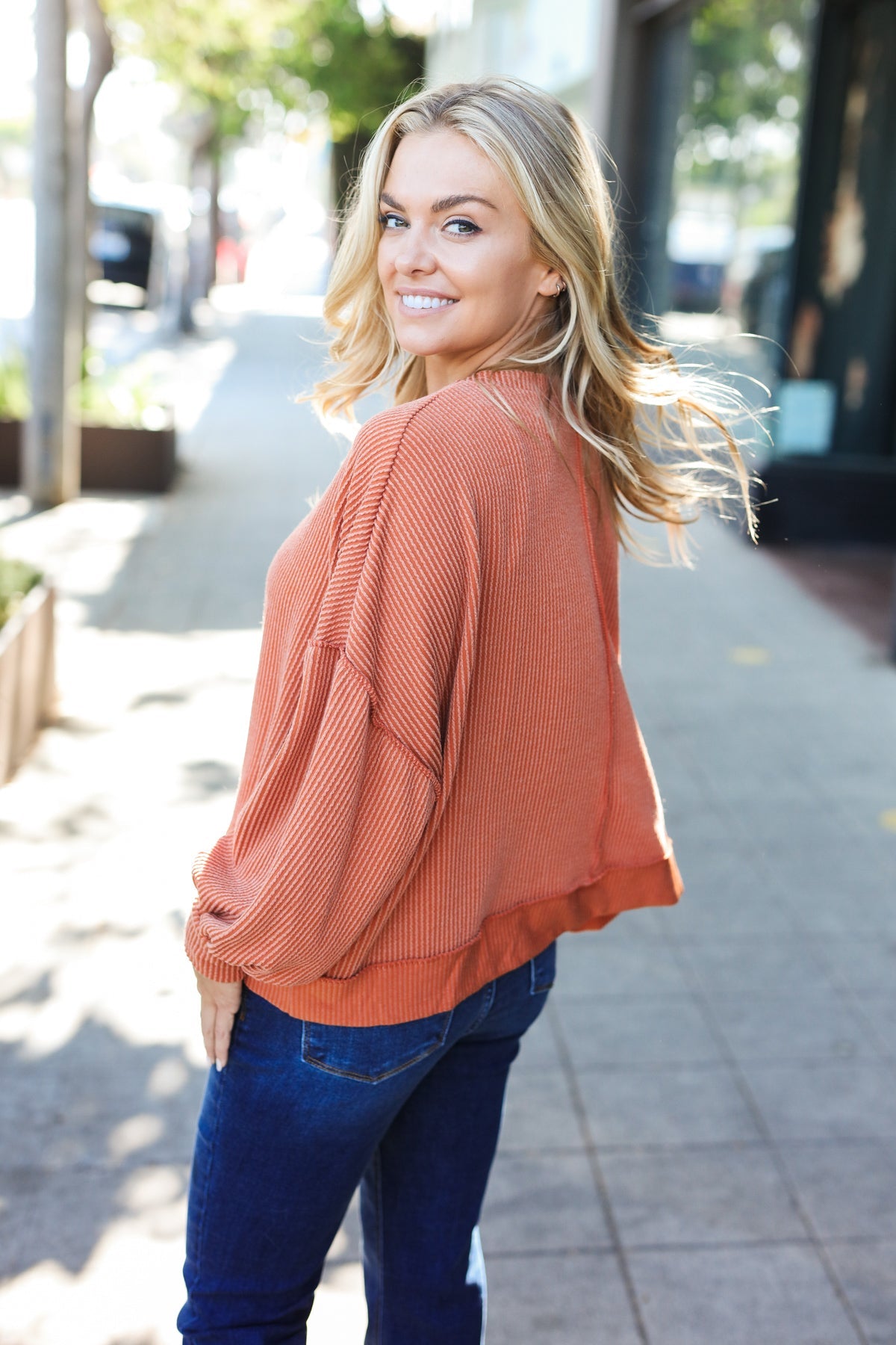 Rust Mineral Wash Rib Pullover Top