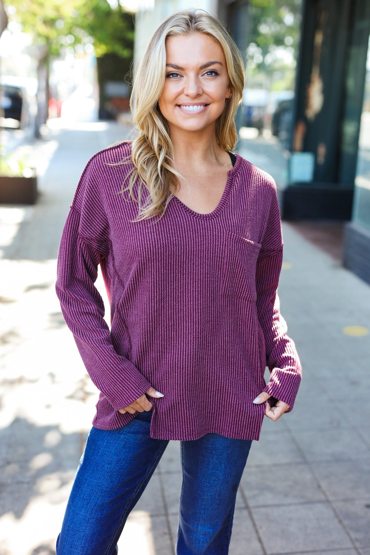 Wine Mineral Wash Rib Notch Neck Top