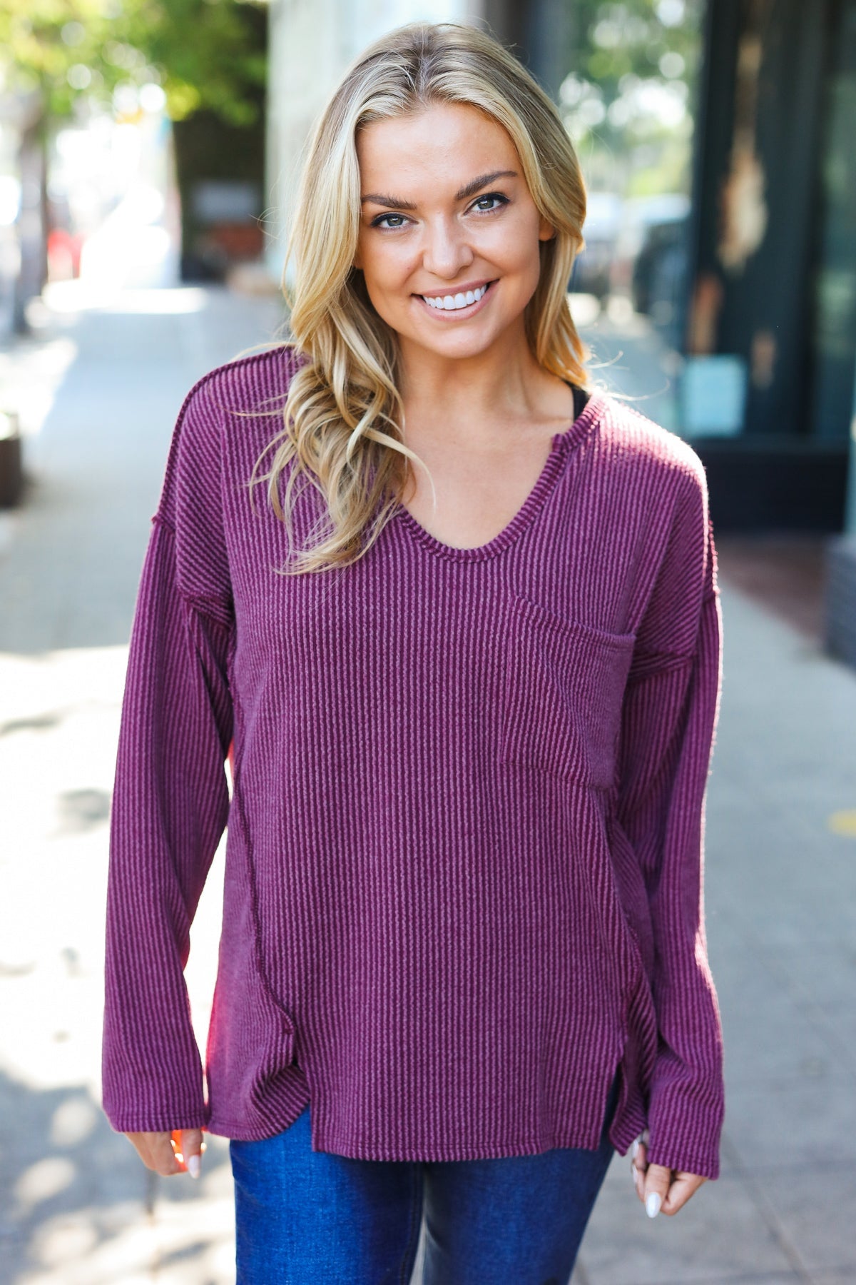 Wine Mineral Wash Rib Notch Neck Top