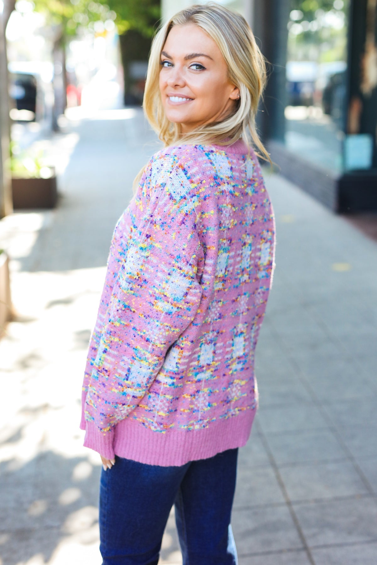 Pink Multicolor Popcorn Knit Sweater