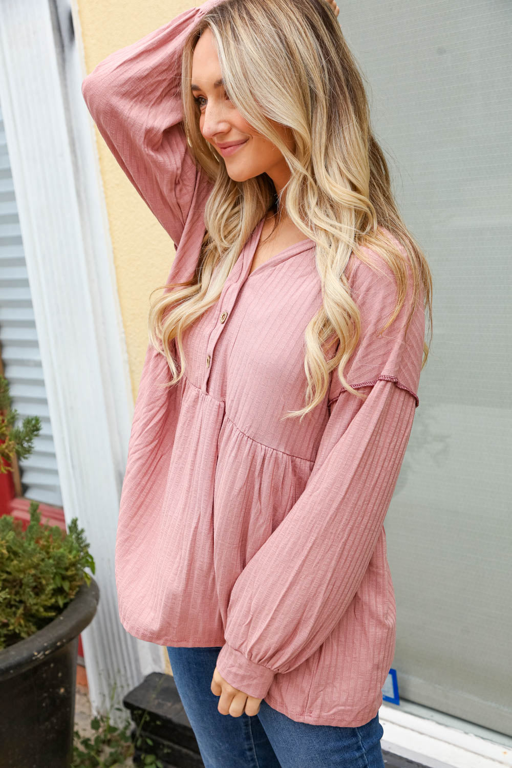 Rose Button Bubble Sleeve Babydoll Top