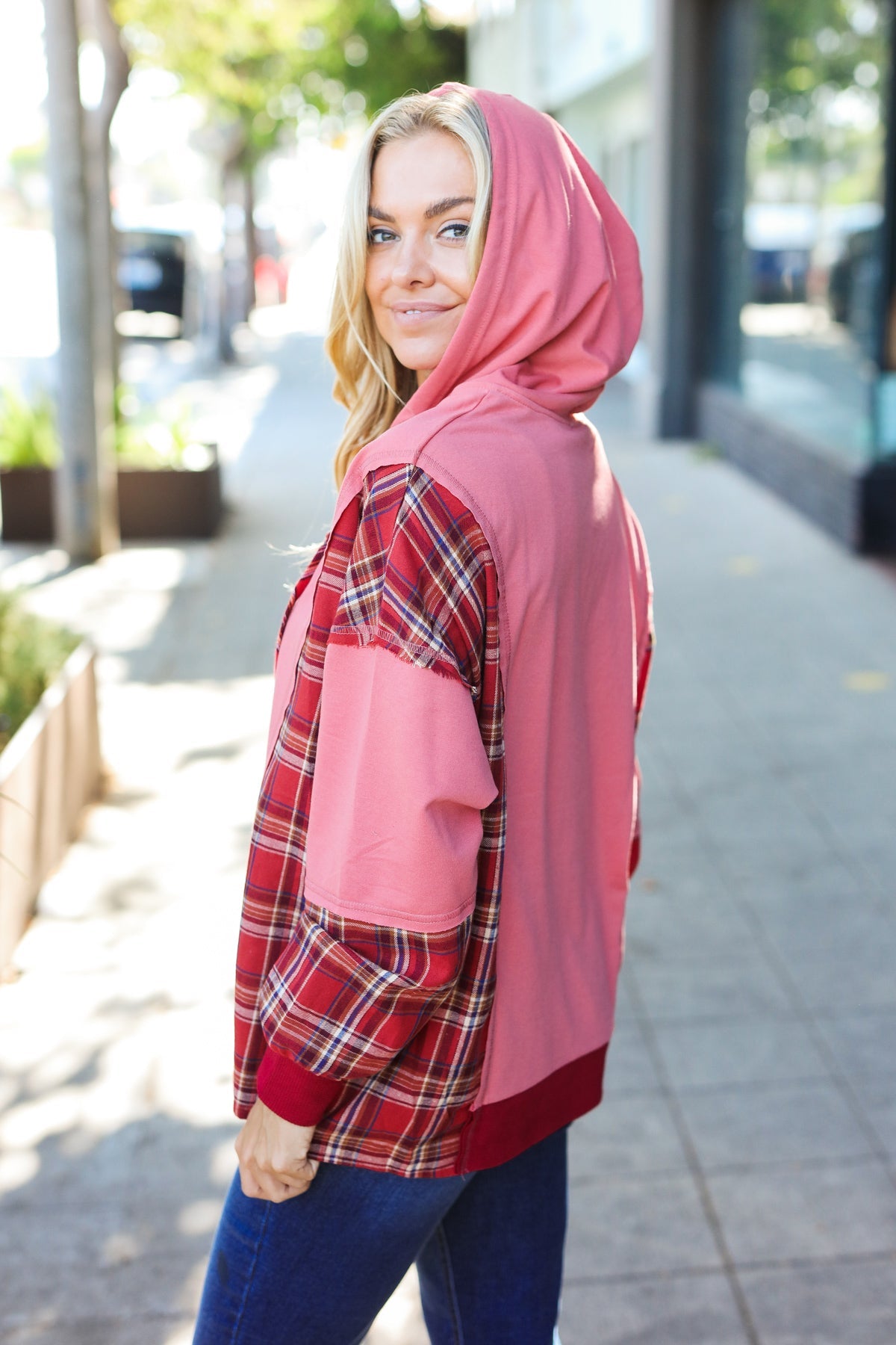 Marsala Plaid Color Block Zipper French Terry Hoodie