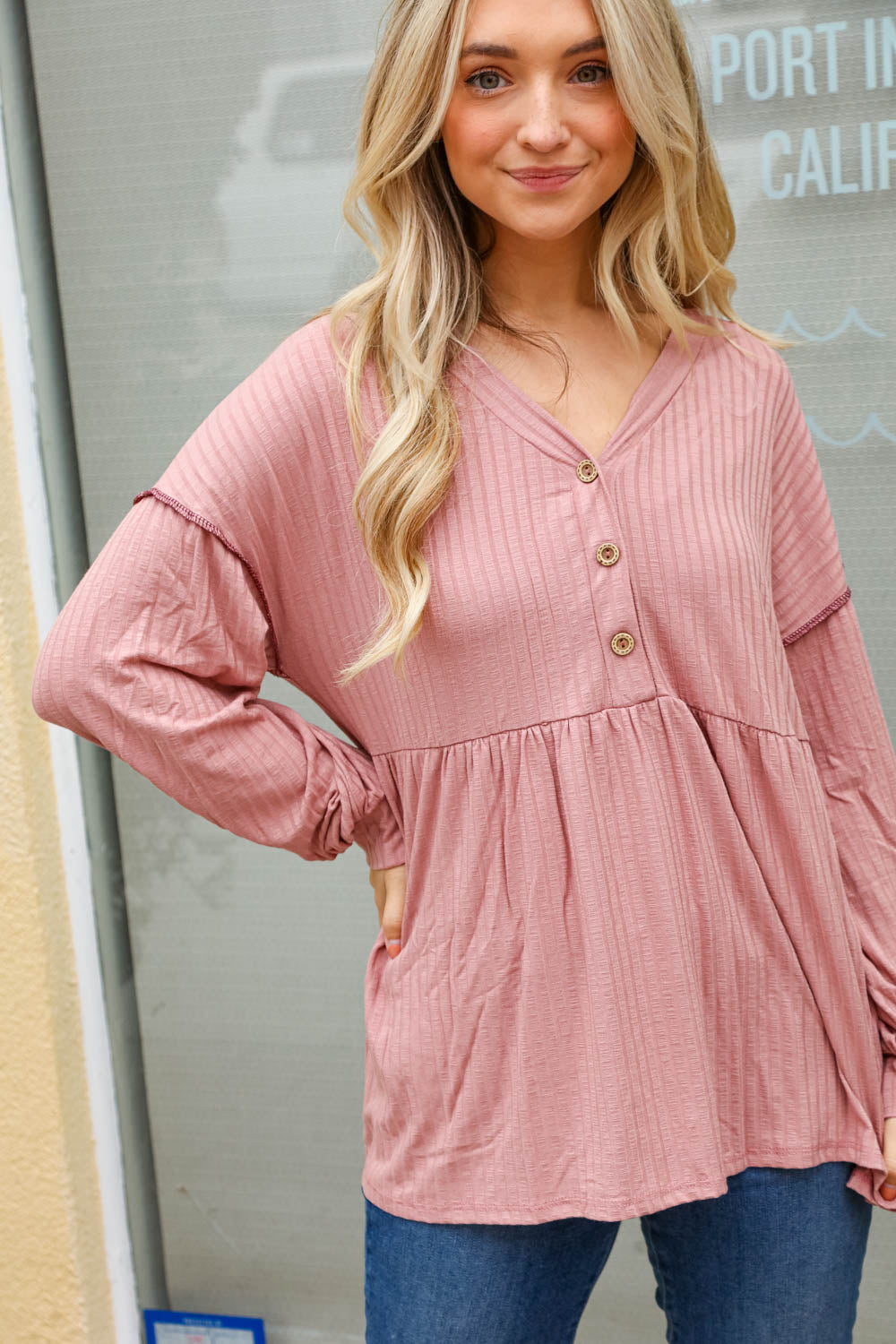 Rose Button Bubble Sleeve Babydoll Top