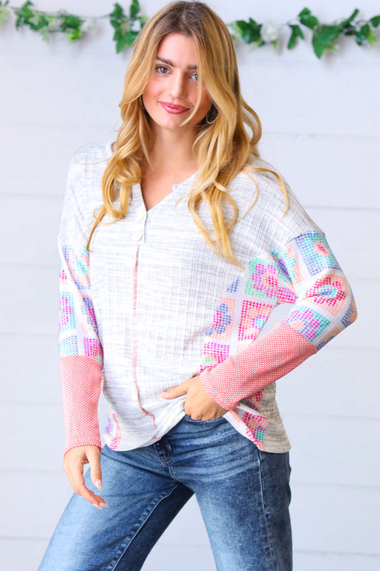 FINAL SALE - Heather Grey Pink Floral Button V Neck Dolman Top - Size S
