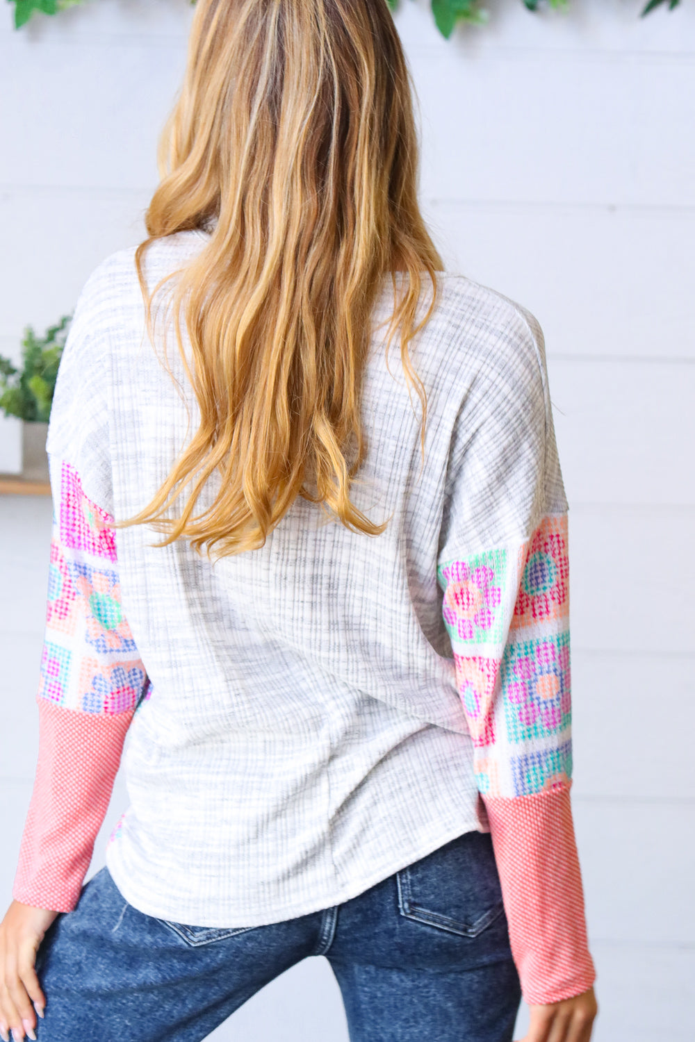 FINAL SALE - Heather Grey Pink Floral Button V Neck Dolman Top - Size S