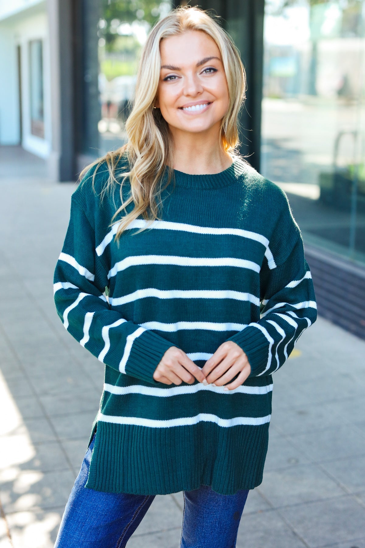 Hunter Green Striped Oversized Knit Sweater