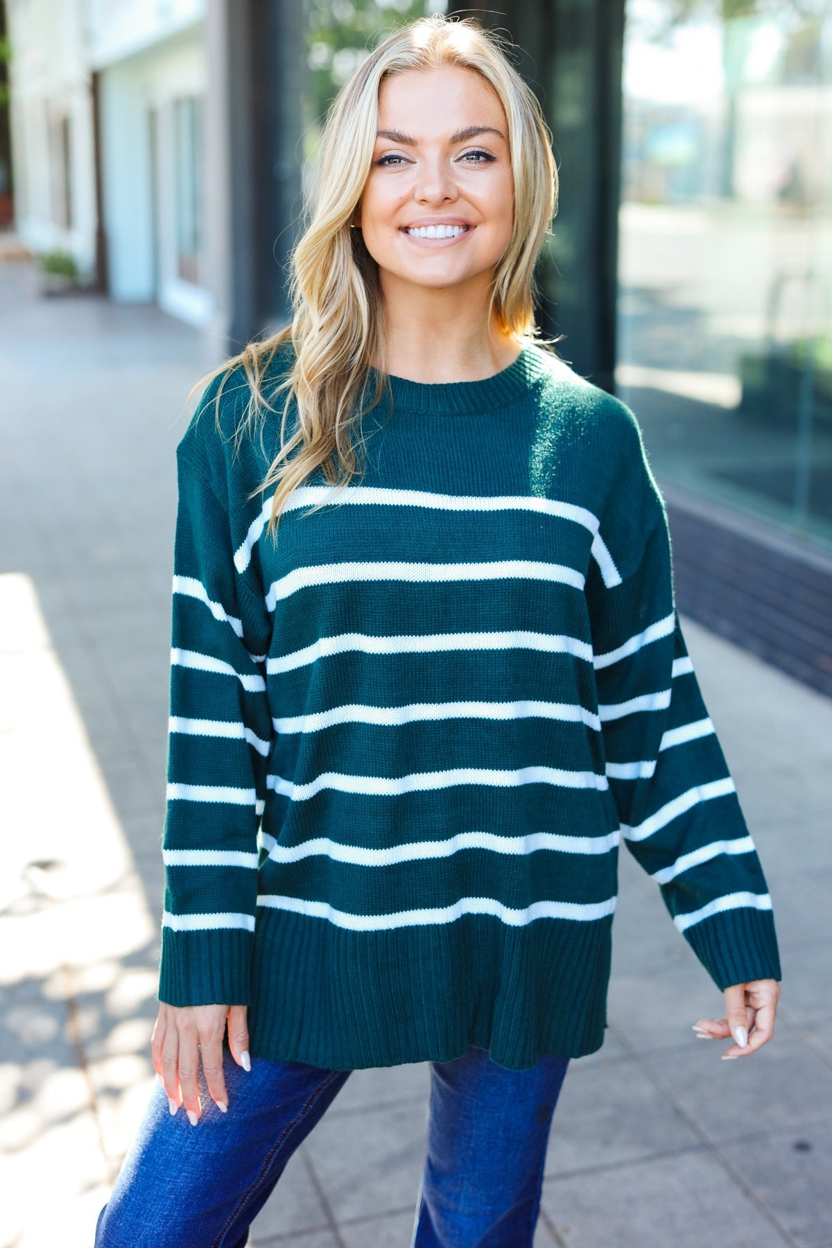 Hunter Green Striped Oversized Knit Sweater