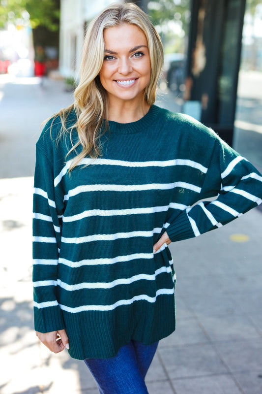 Hunter Green Striped Oversized Knit Sweater