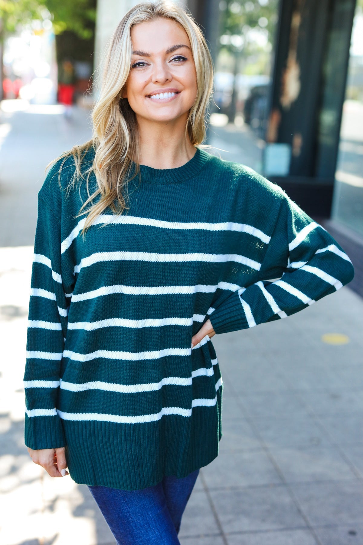 Hunter Green Striped Oversized Knit Sweater