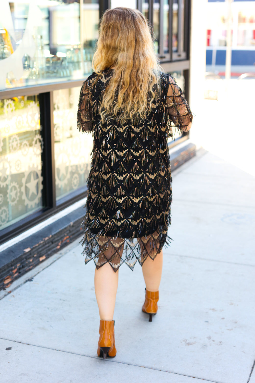 Black & Gold Diamond Pattern Sequin Fringe Dress