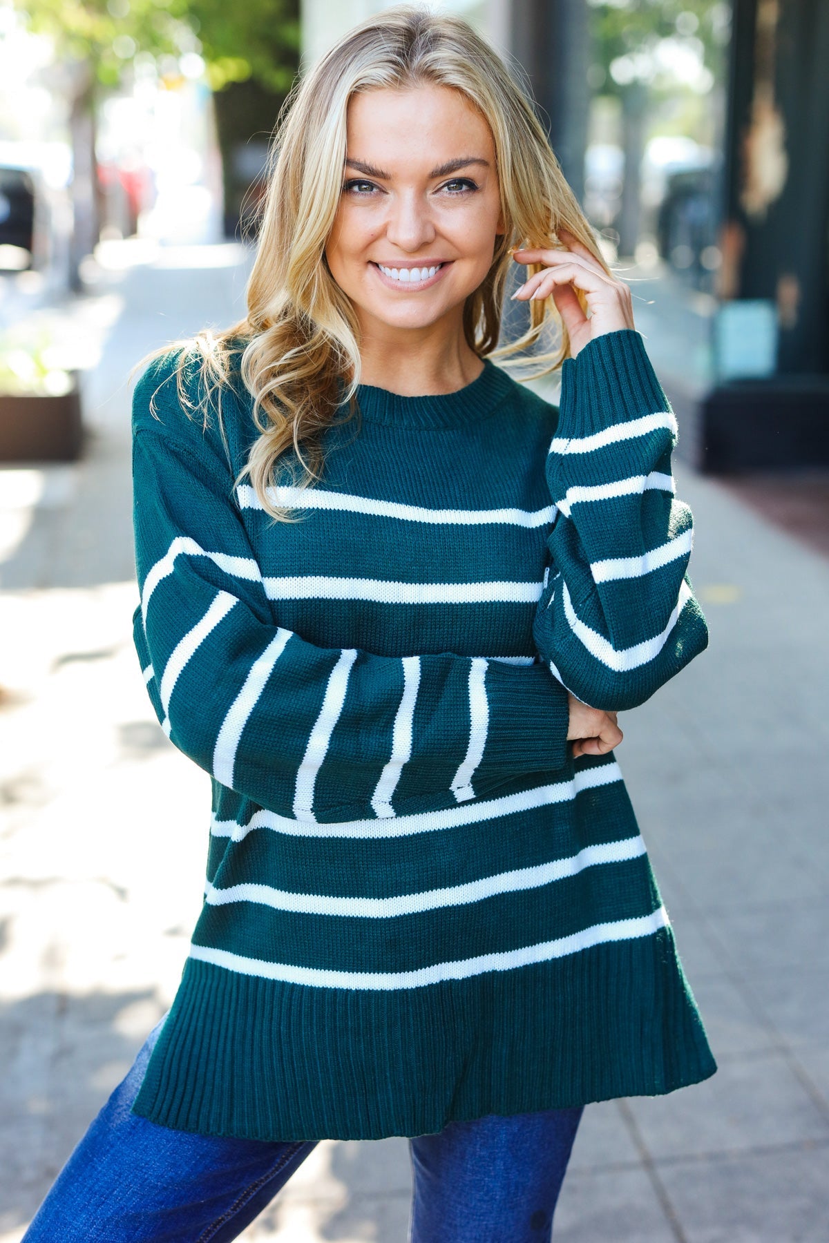 Hunter Green Striped Oversized Knit Sweater