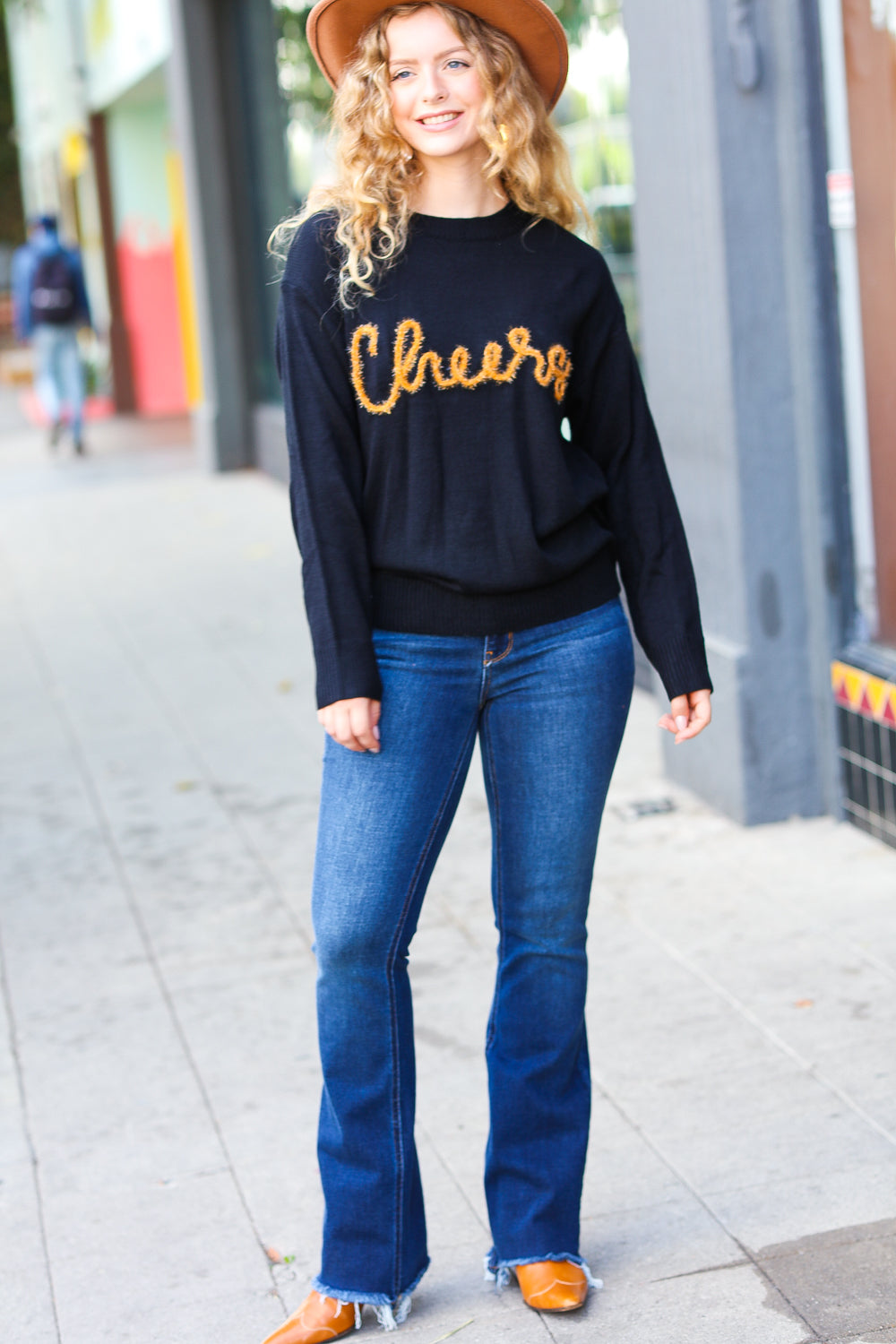 Black Embroidery "Cheers" Oversized Knit Top