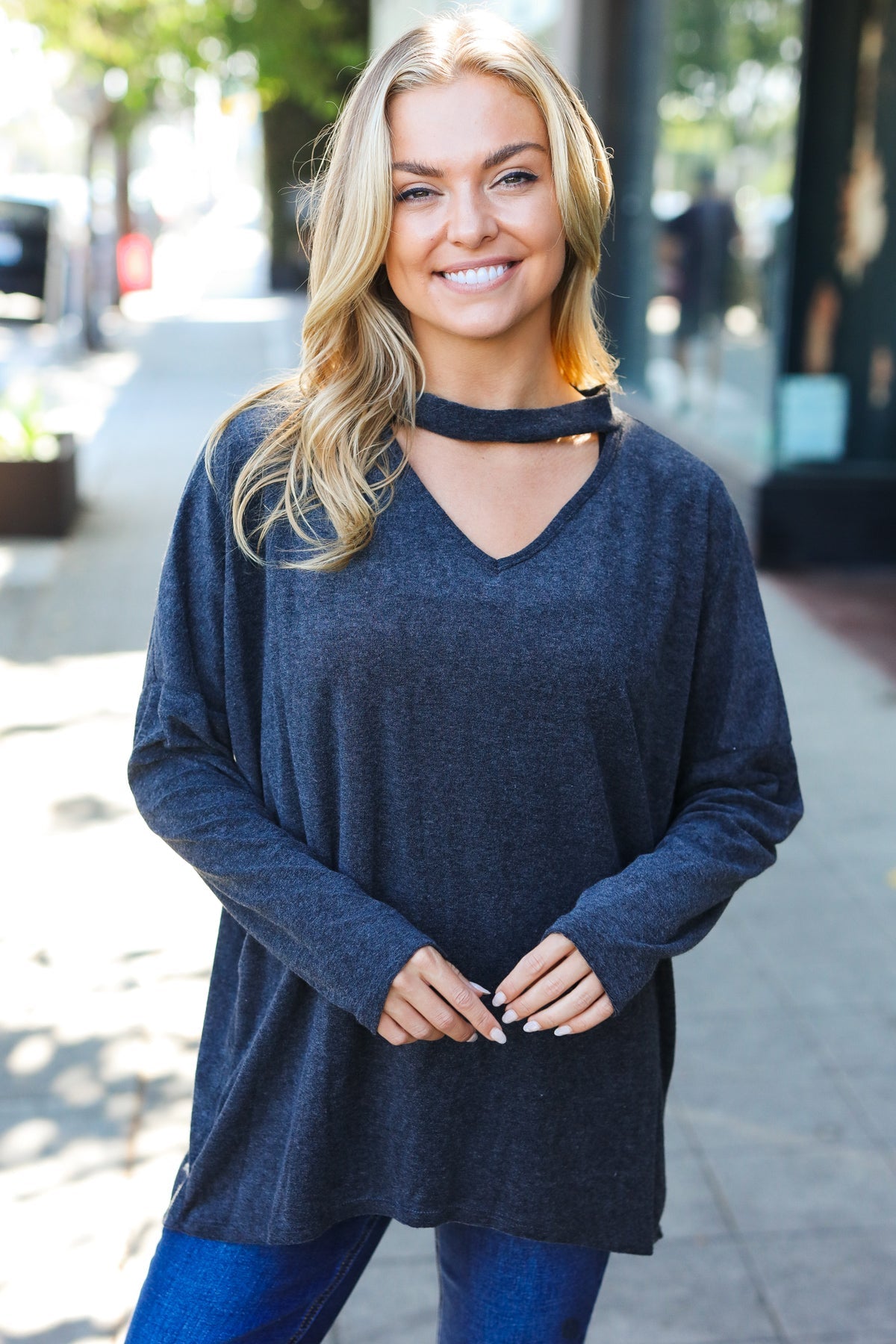 Grey Choker Cut Out Hacci Knit Top