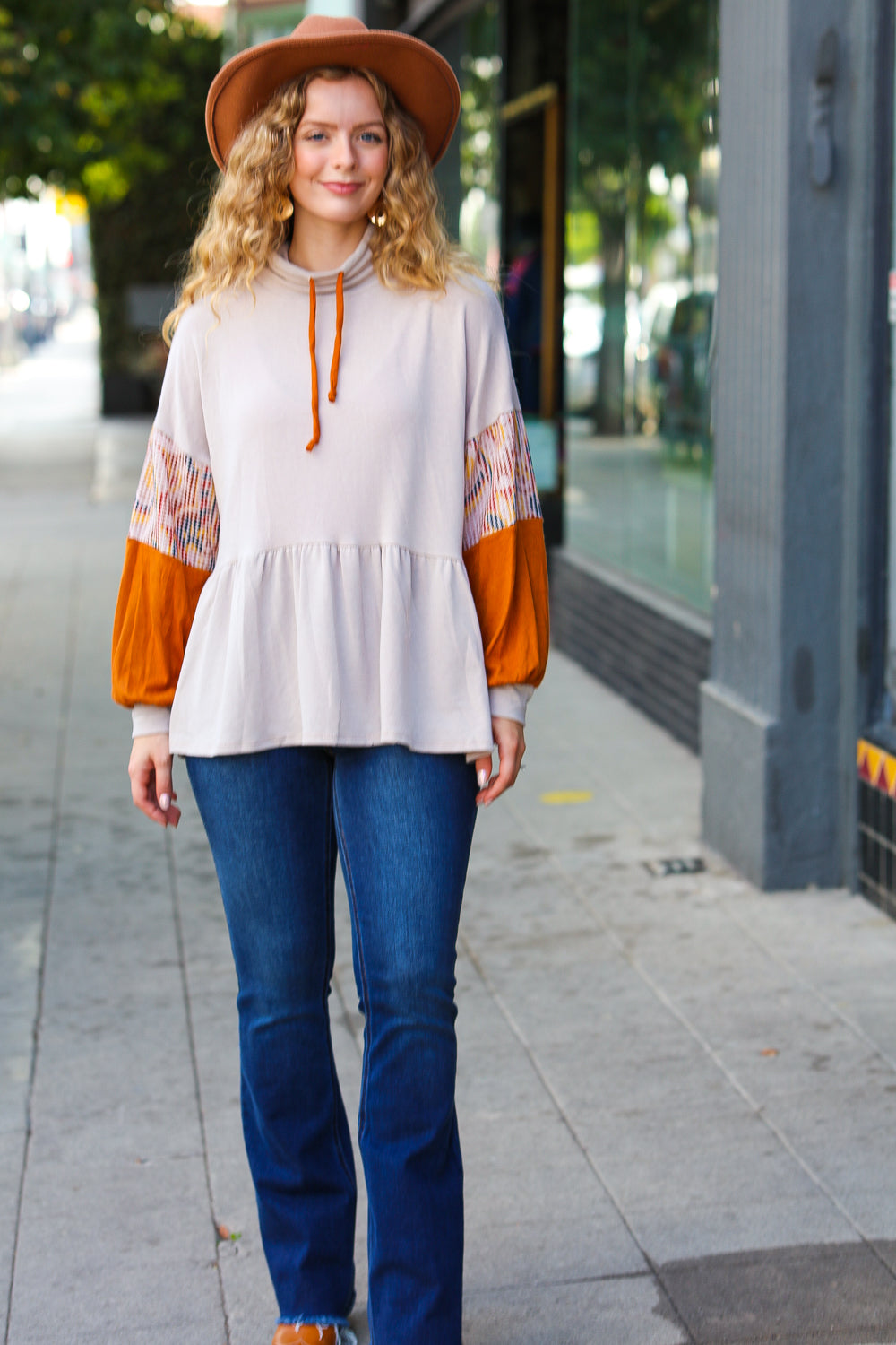 Taupe/Rust Turtleneck Babydoll Terry Top