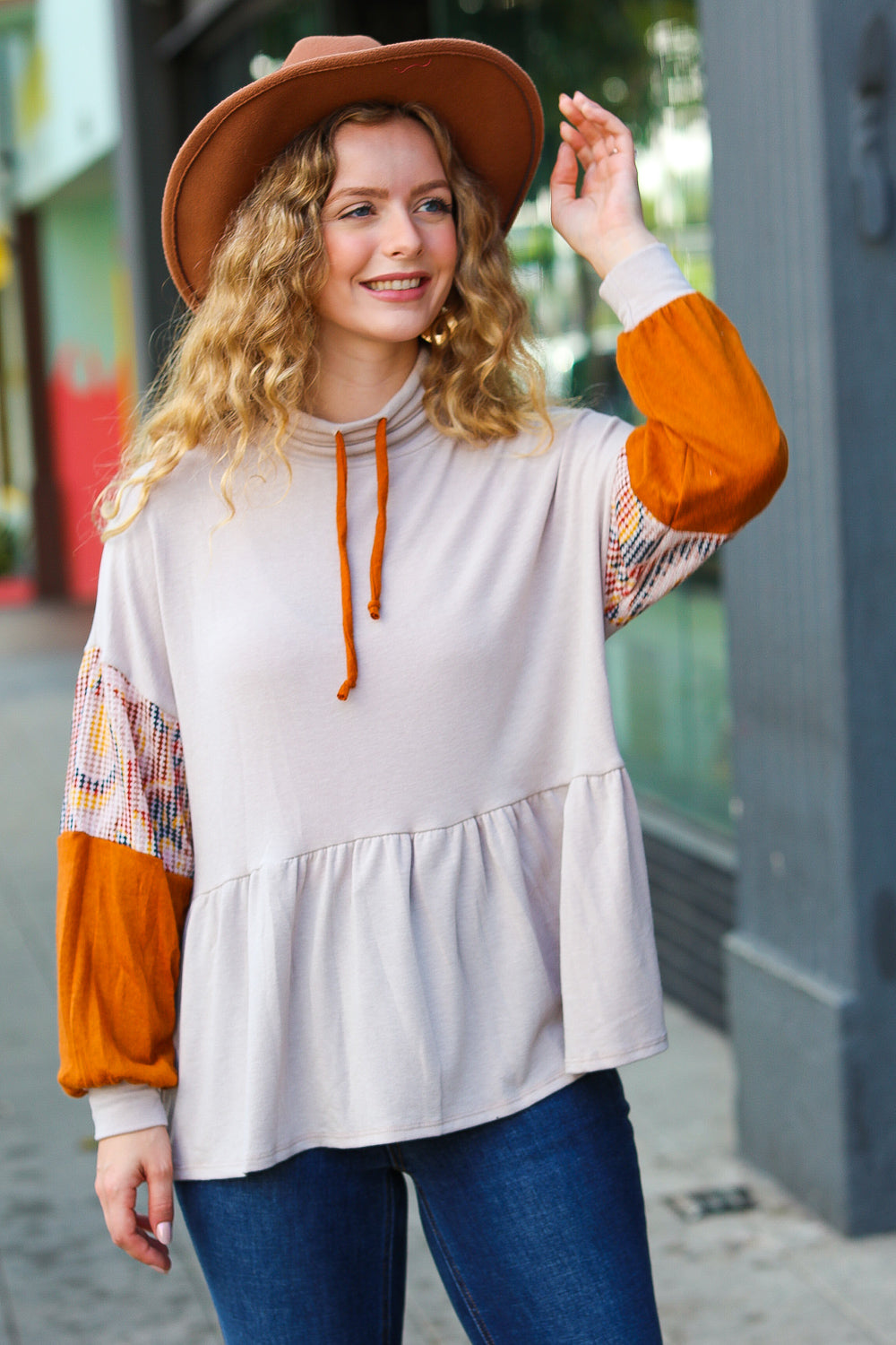 Taupe/Rust Turtleneck Babydoll Terry Top