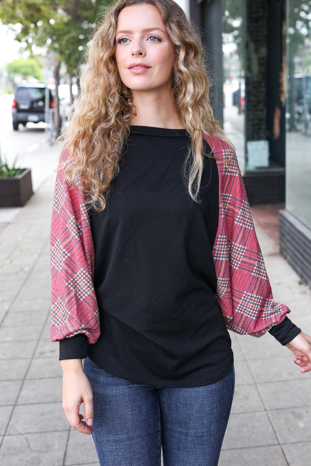 Burgundy Plaid Dolman Round Neck Top