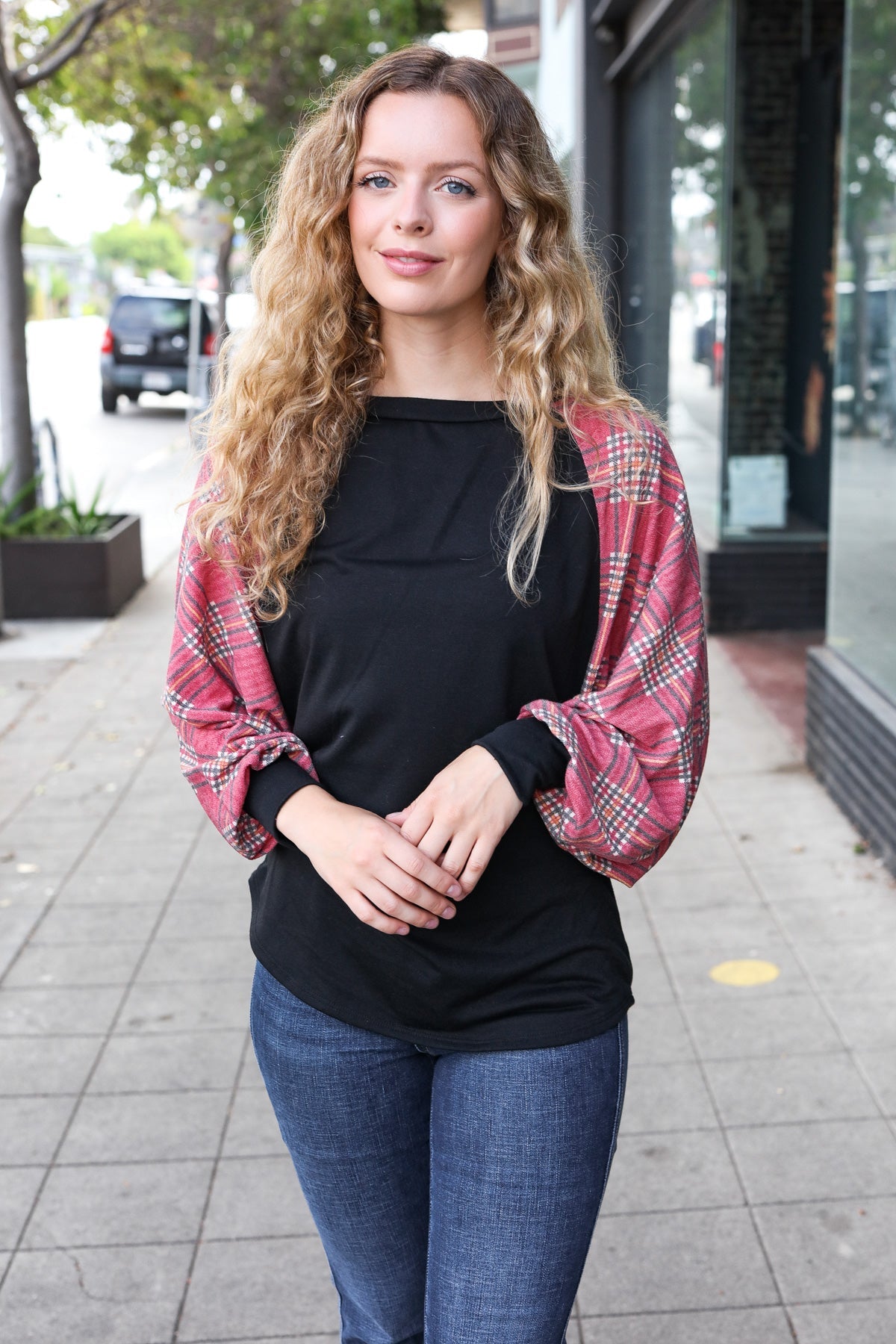 Burgundy Plaid Dolman Round Neck Top