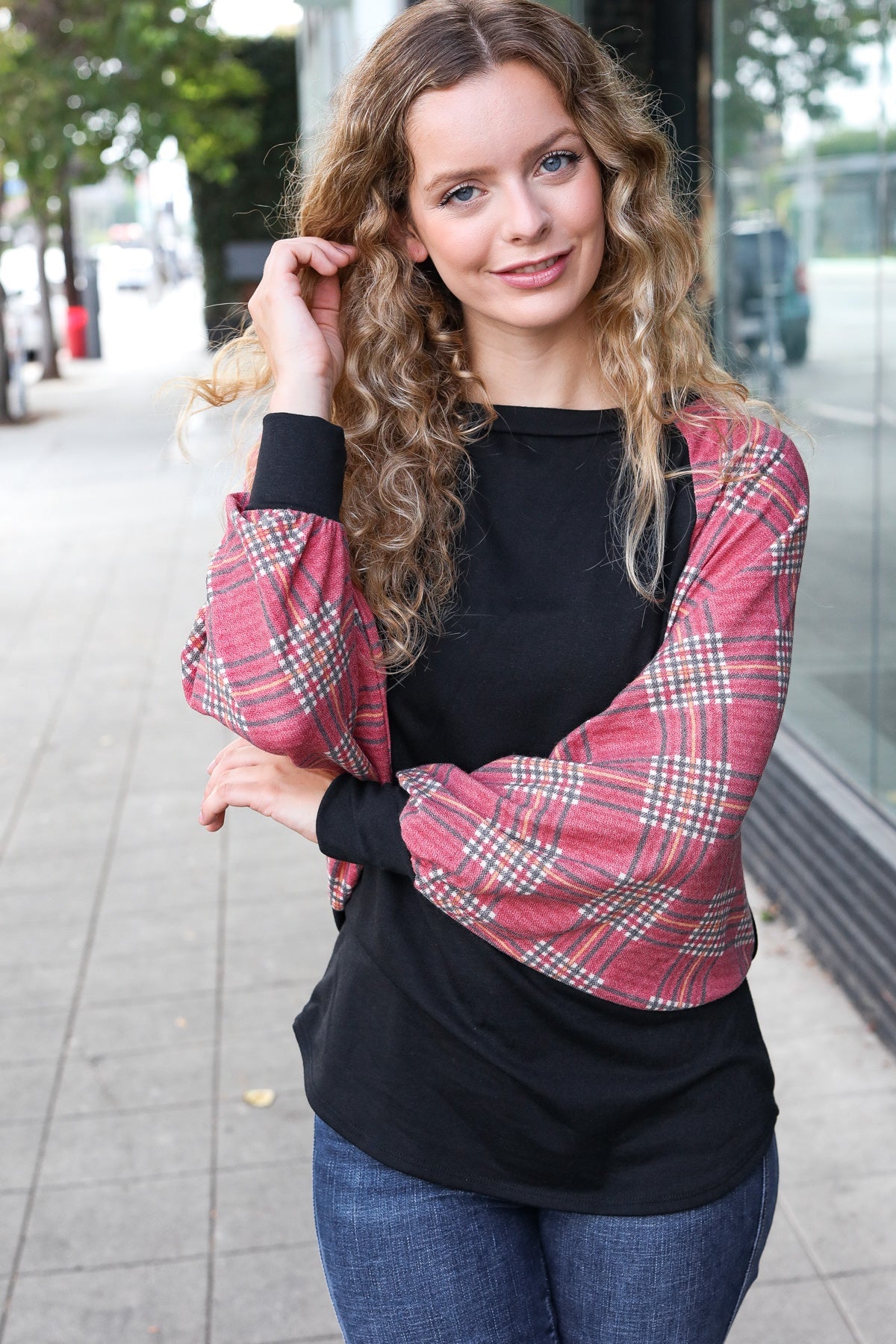 Burgundy Plaid Dolman Round Neck Top