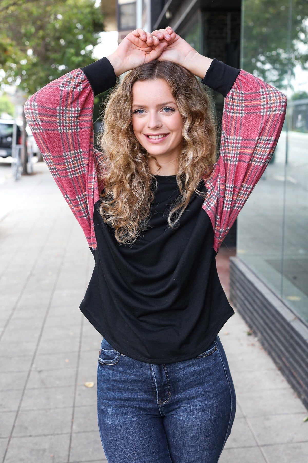 Burgundy Plaid Dolman Round Neck Top