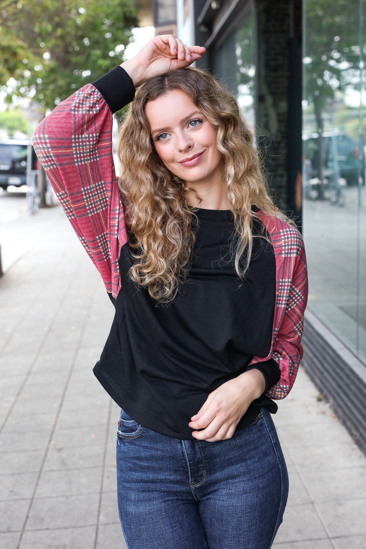 Burgundy Plaid Dolman Round Neck Top