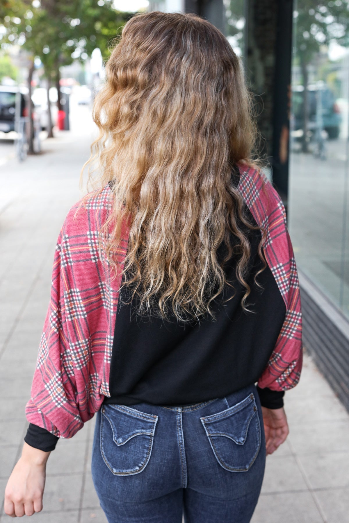 Burgundy Plaid Dolman Round Neck Top