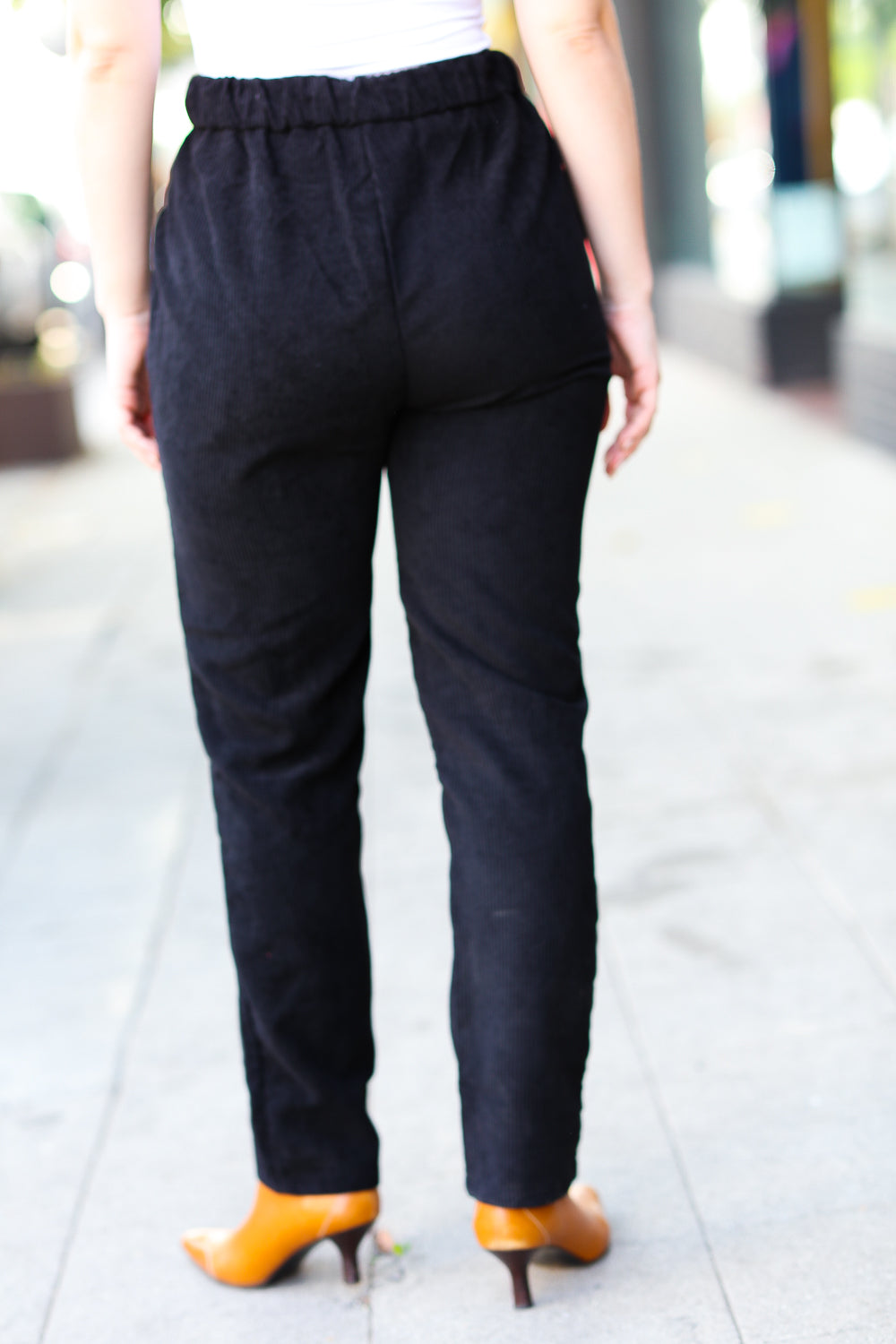 Black High Rise Corduroy Pants With Pockets