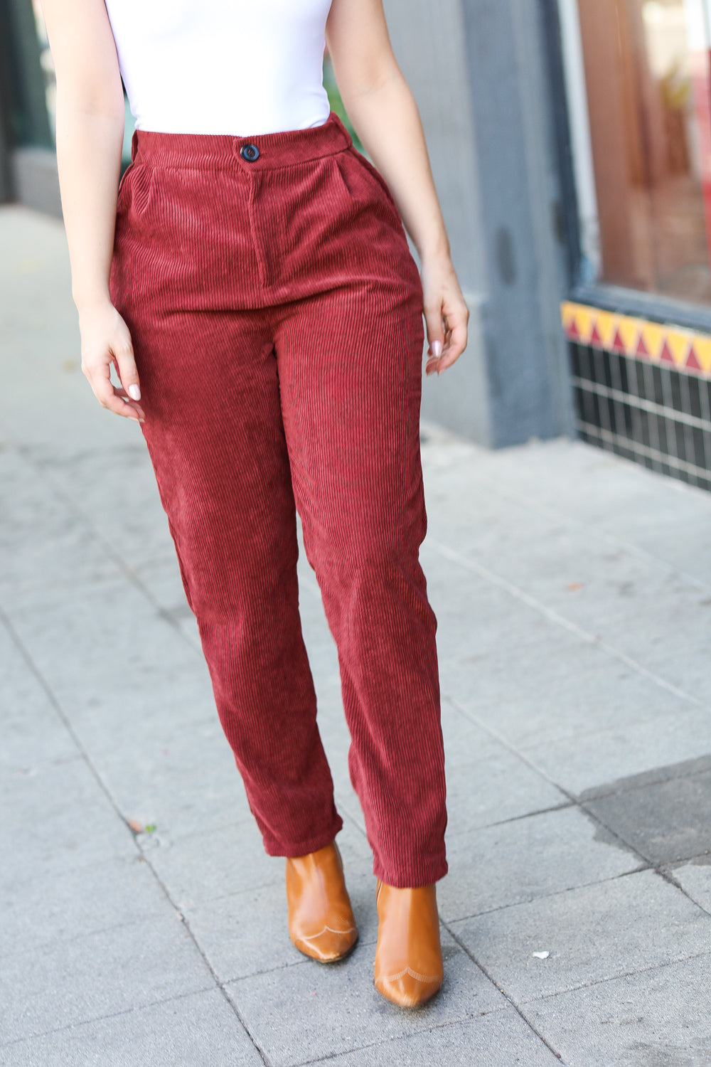 Burgundy High Rise Corduroy Pants With Pockets