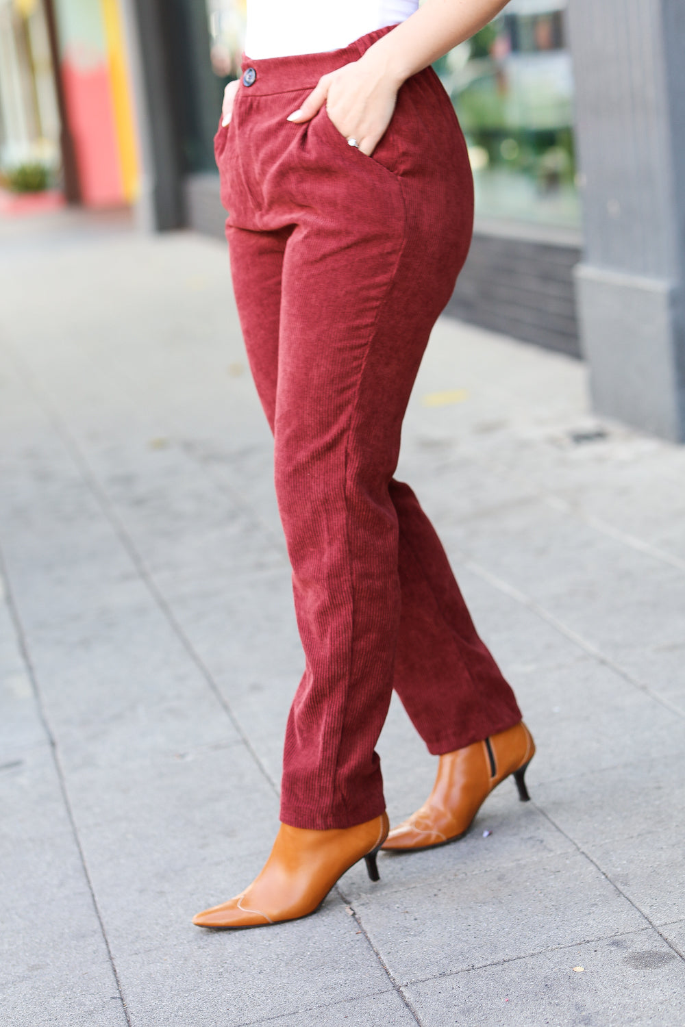 Burgundy High Rise Corduroy Pants With Pockets