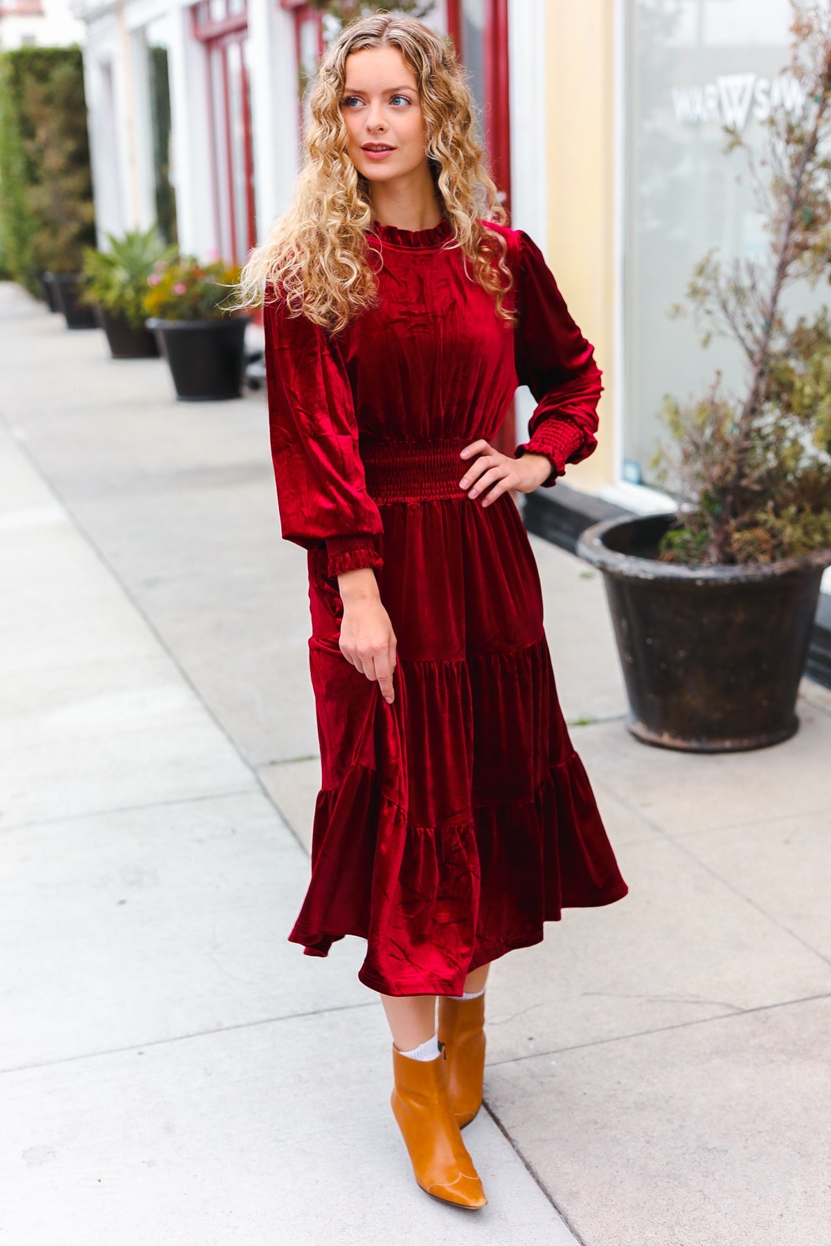 Burgundy Velvet Mock Neck Smocked Waist Dress