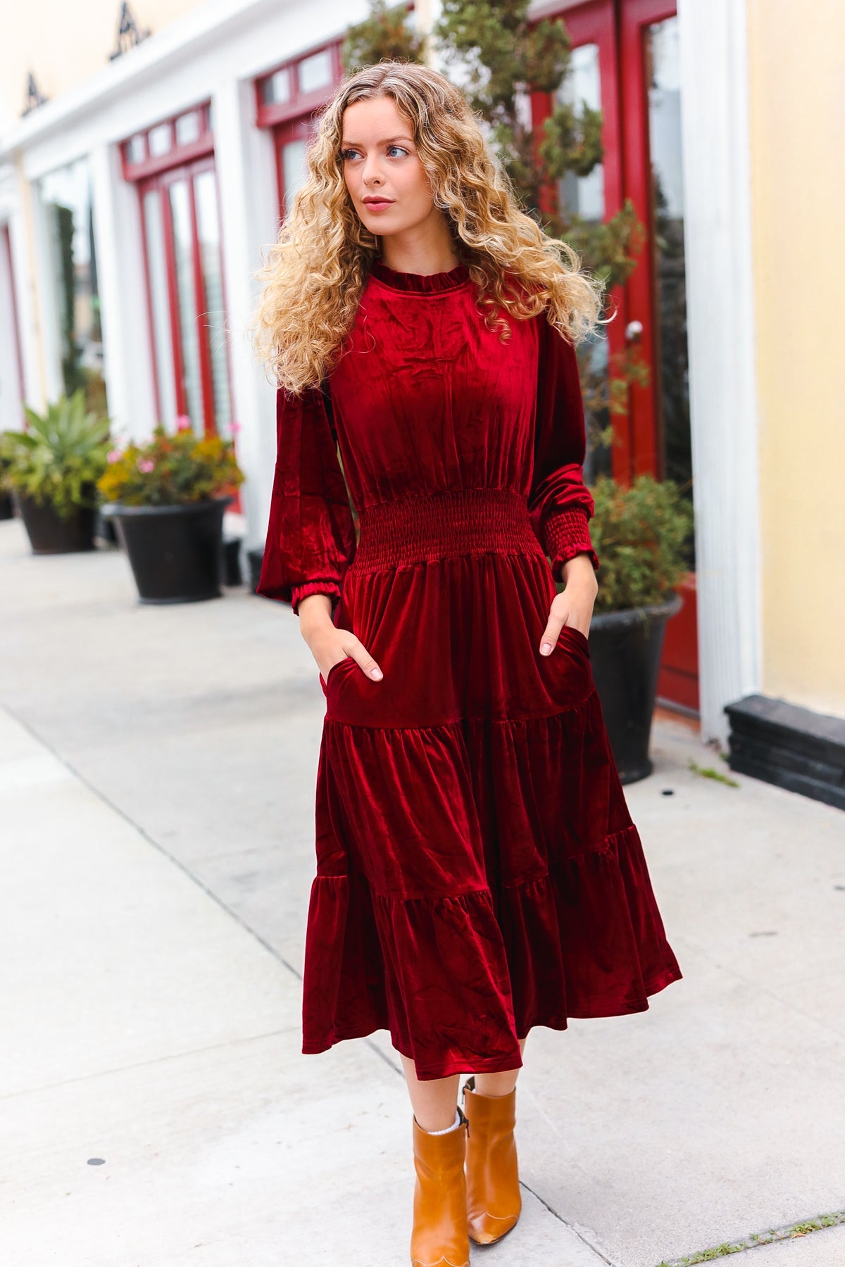 Burgundy Velvet Mock Neck Smocked Waist Dress