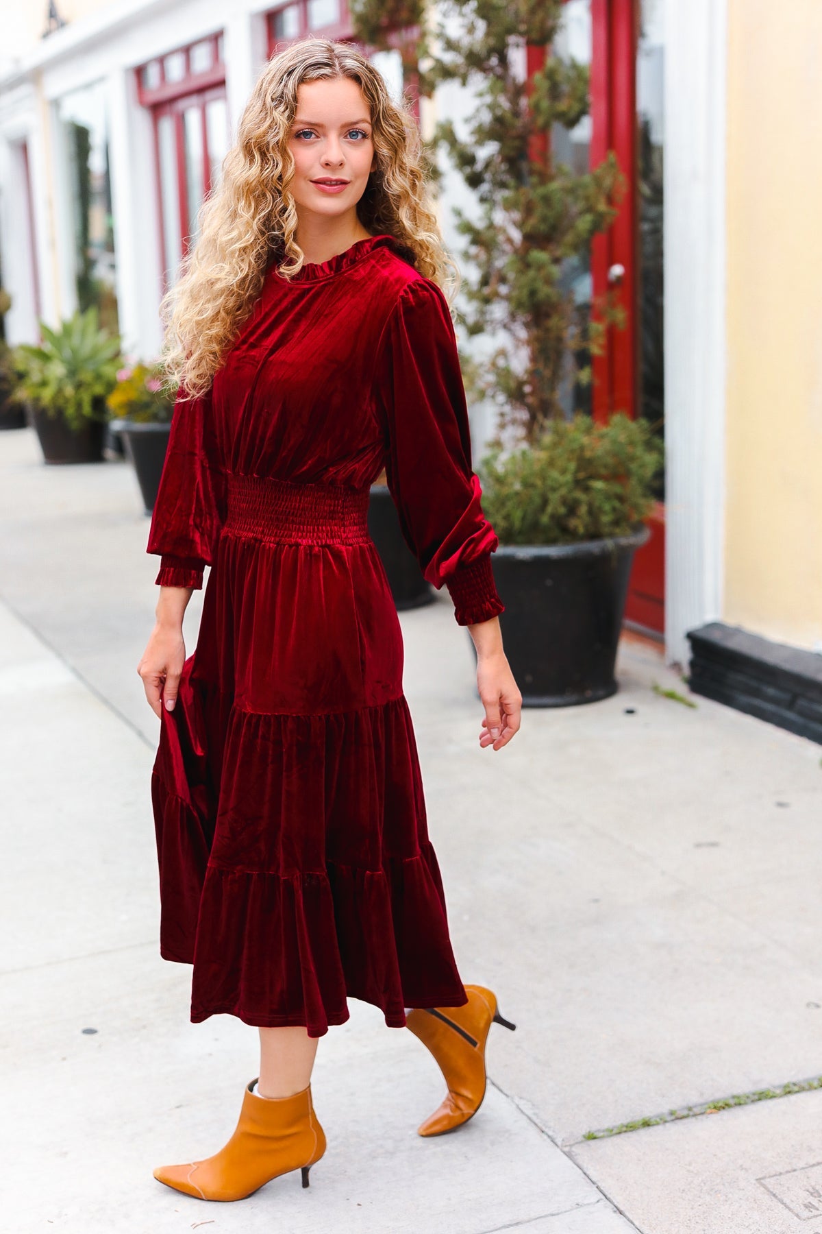 Burgundy Velvet Mock Neck Smocked Waist Dress