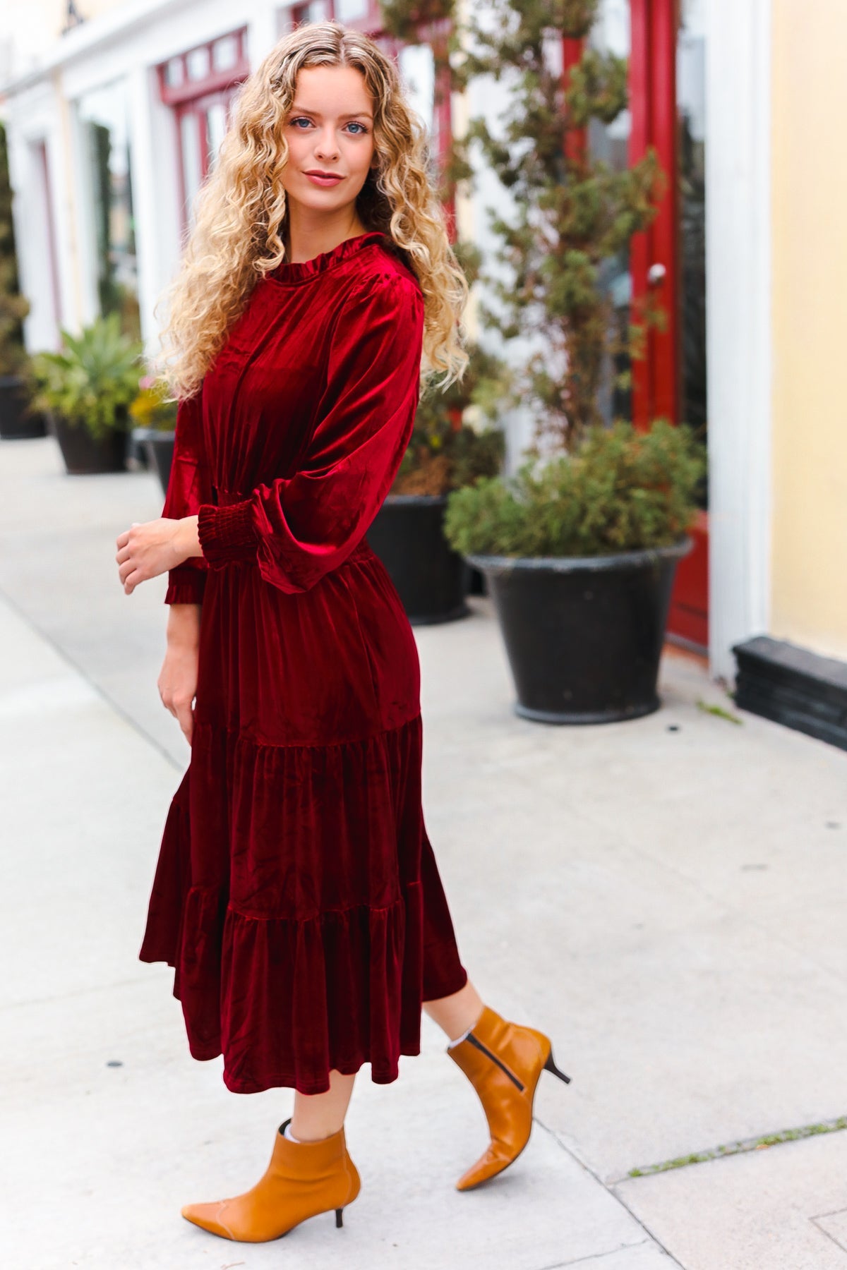 Burgundy Velvet Mock Neck Smocked Waist Dress