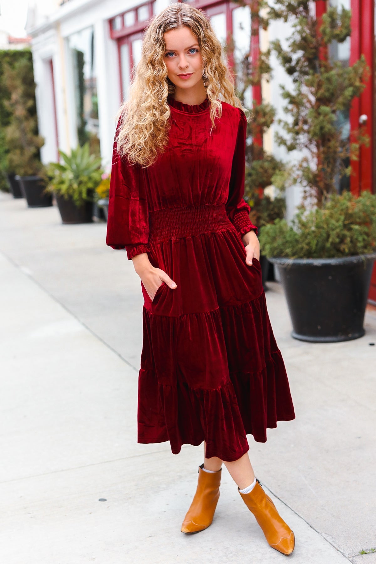 Burgundy Velvet Mock Neck Smocked Waist Dress