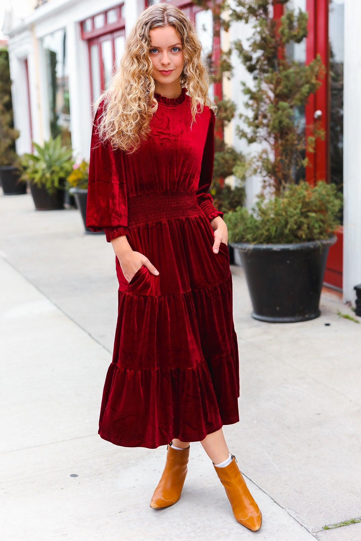 Burgundy Velvet Mock Neck Smocked Waist Dress