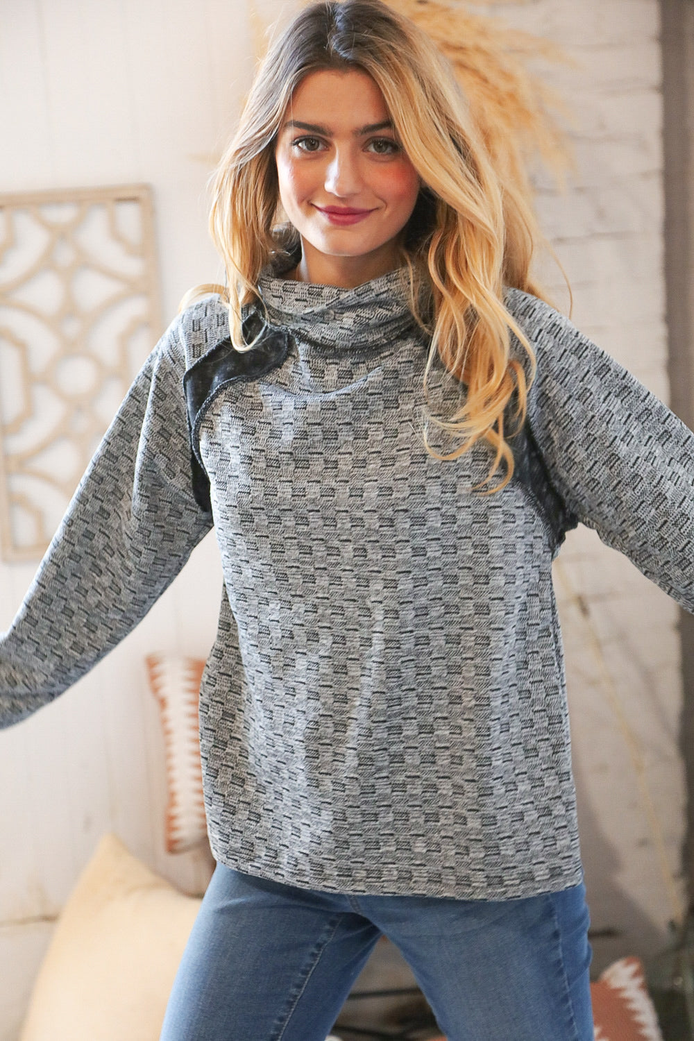 Grey Turtleneck Textured Jacquard Sweater Top