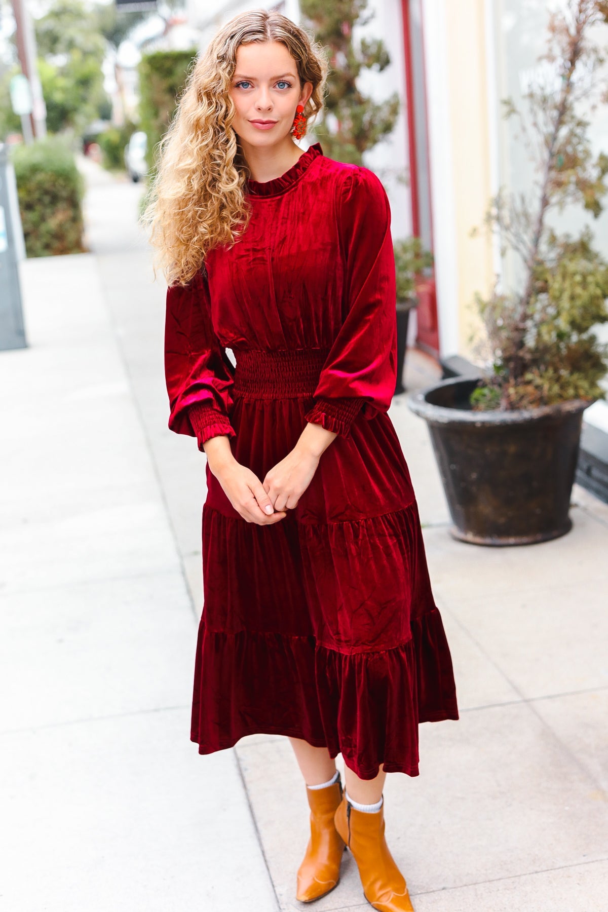 Burgundy Velvet Mock Neck Smocked Waist Dress