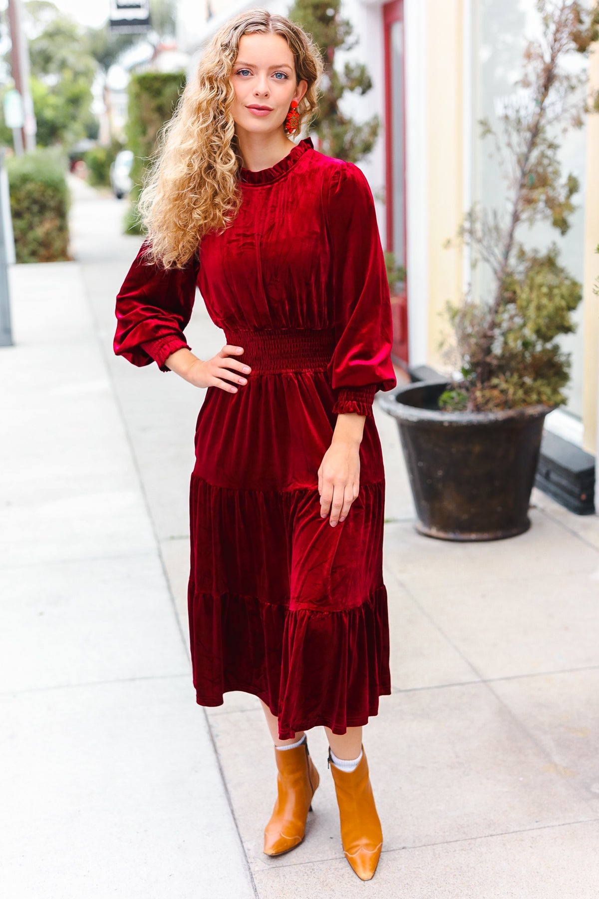 Burgundy Velvet Mock Neck Smocked Waist Dress