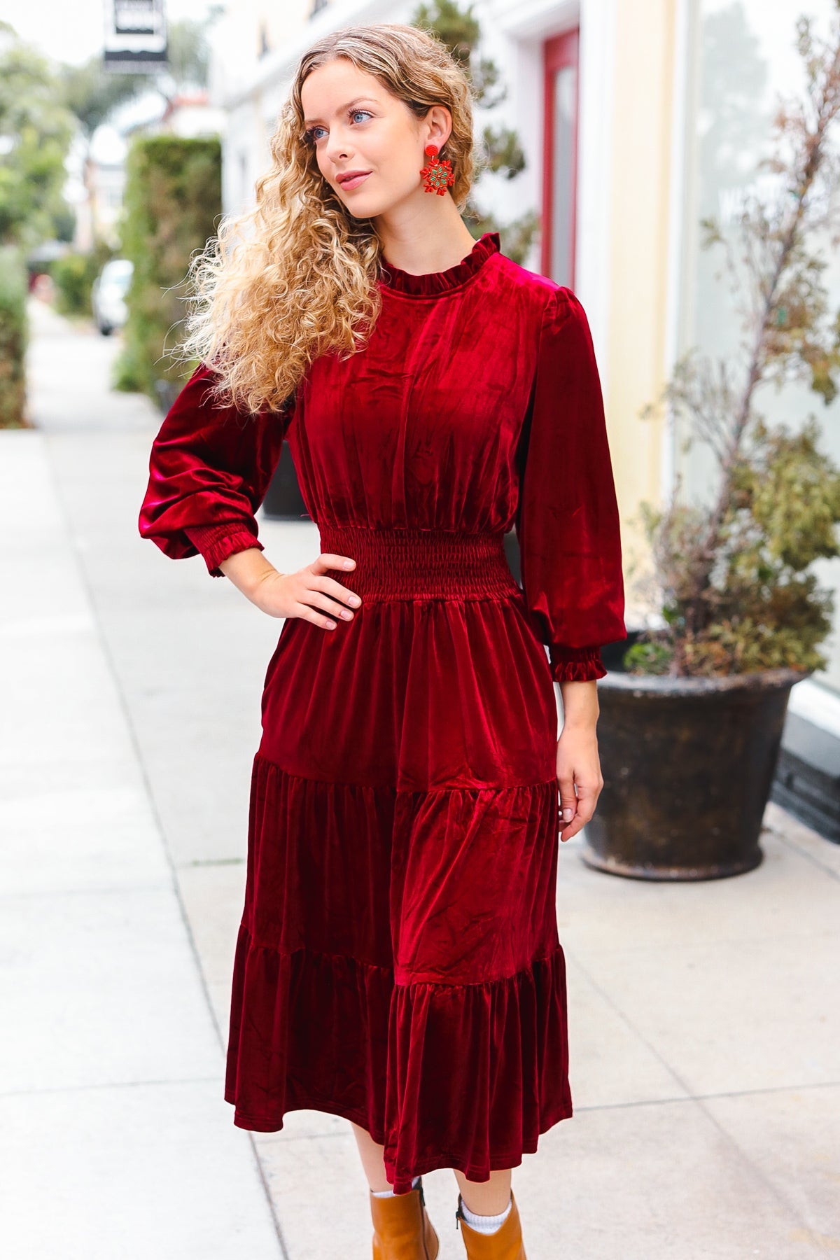 Burgundy Velvet Mock Neck Smocked Waist Dress