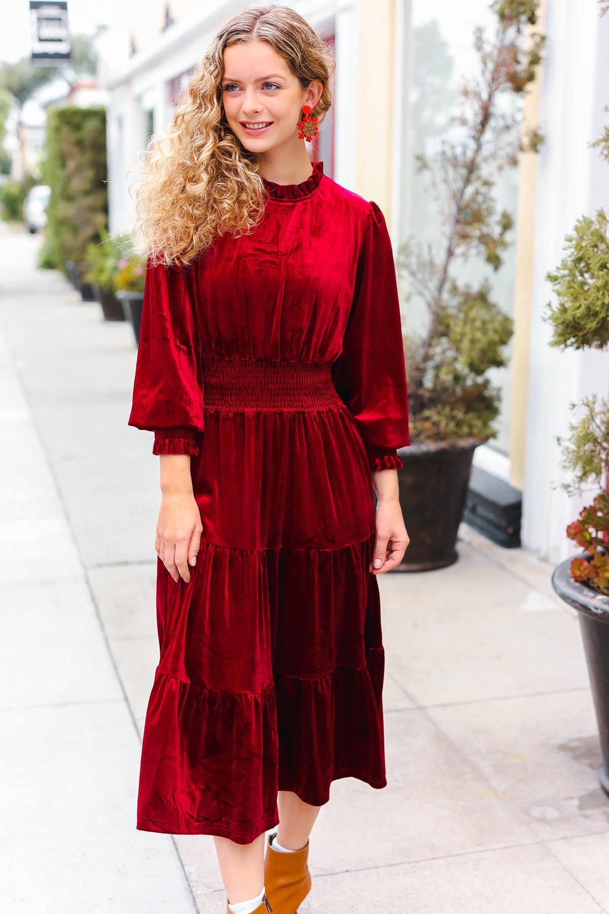 Burgundy Velvet Mock Neck Smocked Waist Dress