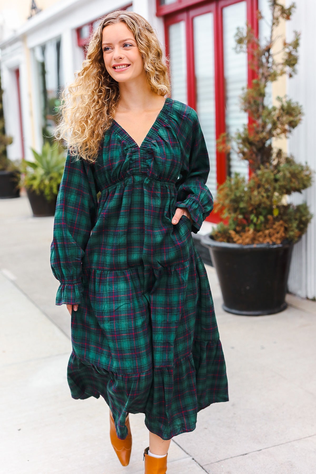 Hunter Green Plaid Elastic V Neck Tiered Maxi Dress