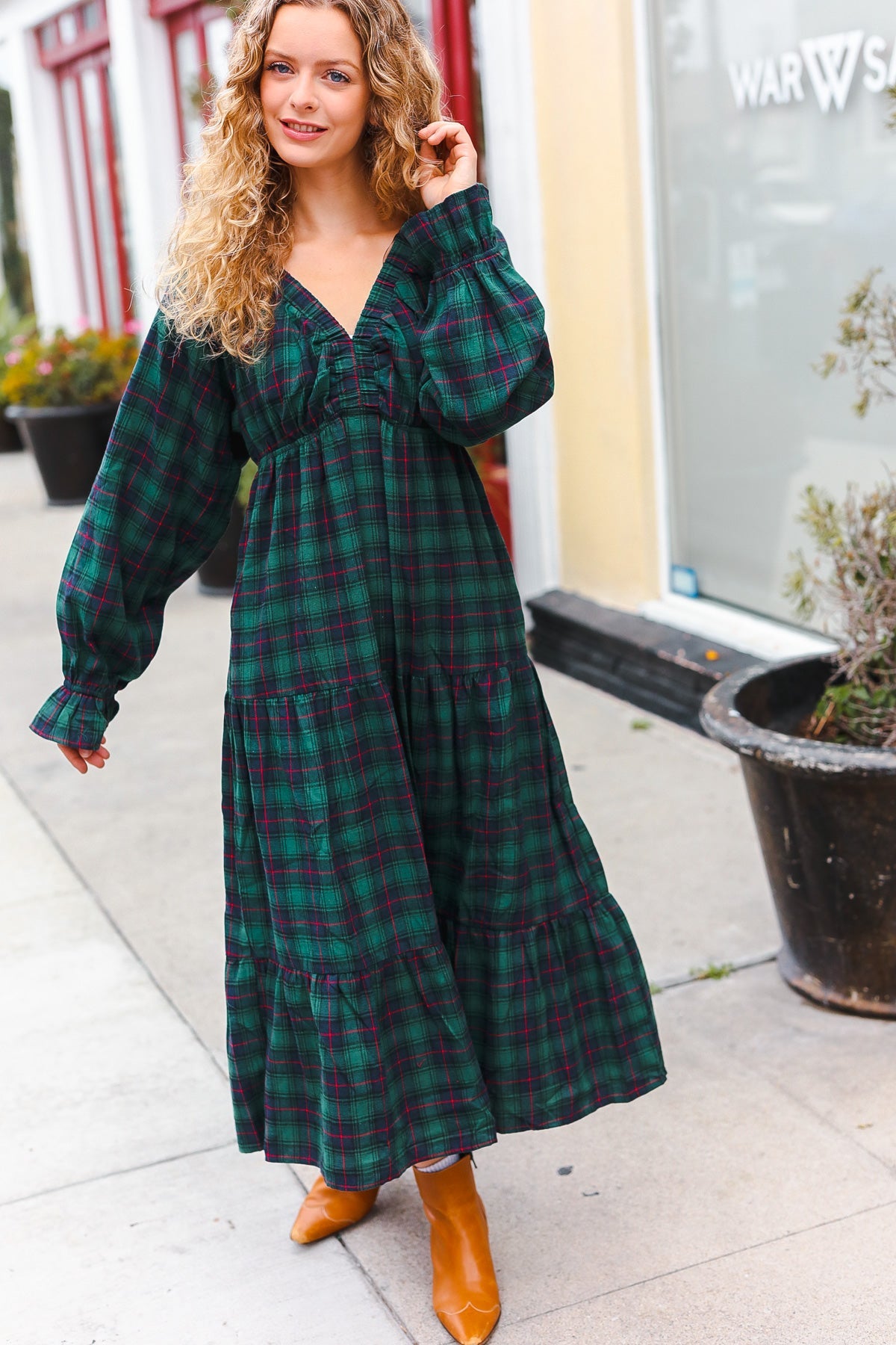 Hunter Green Plaid Elastic V Neck Tiered Maxi Dress